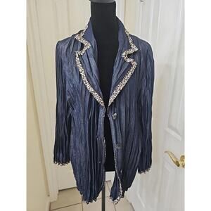 Denim Pleated Women's Blazer 12 Blue‎ Leopard Trim Flowy